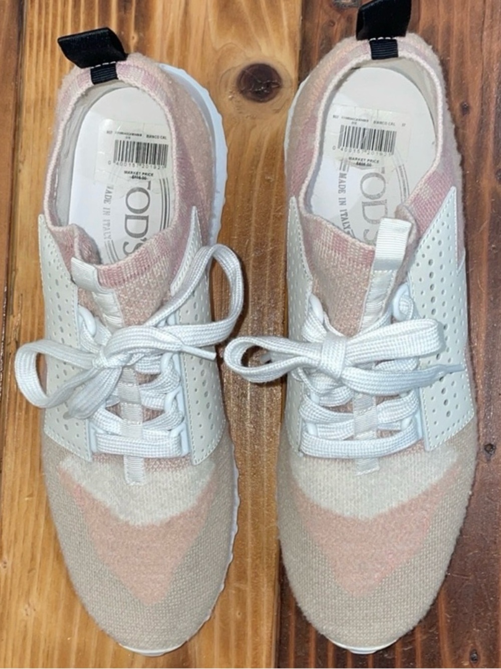Tod's Pink and White Knit Lace-Up Sneakers